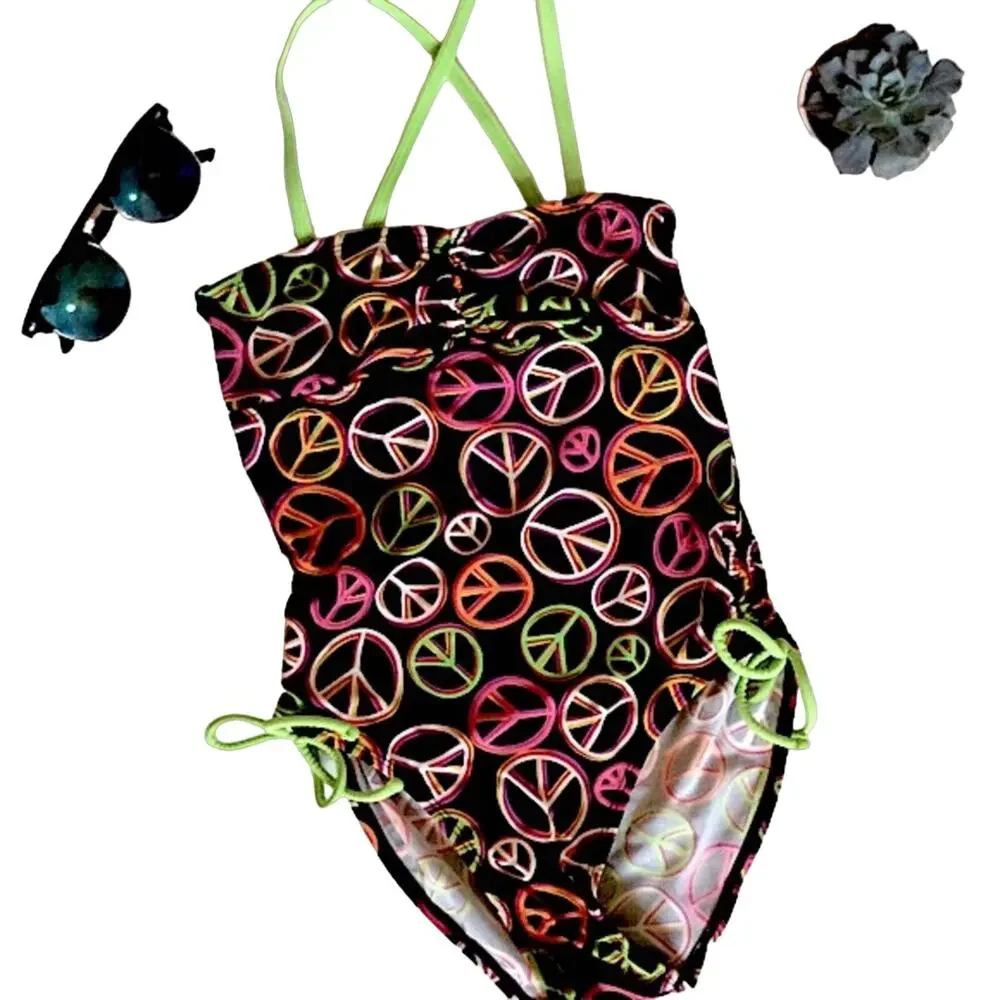 Girls Peace Sign One Piece Swimsuit
